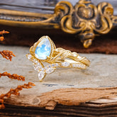 Nature-Inspired 3-Prong Oval-Cut Natural Moonstone Engagement Ring Set with Vine Accents